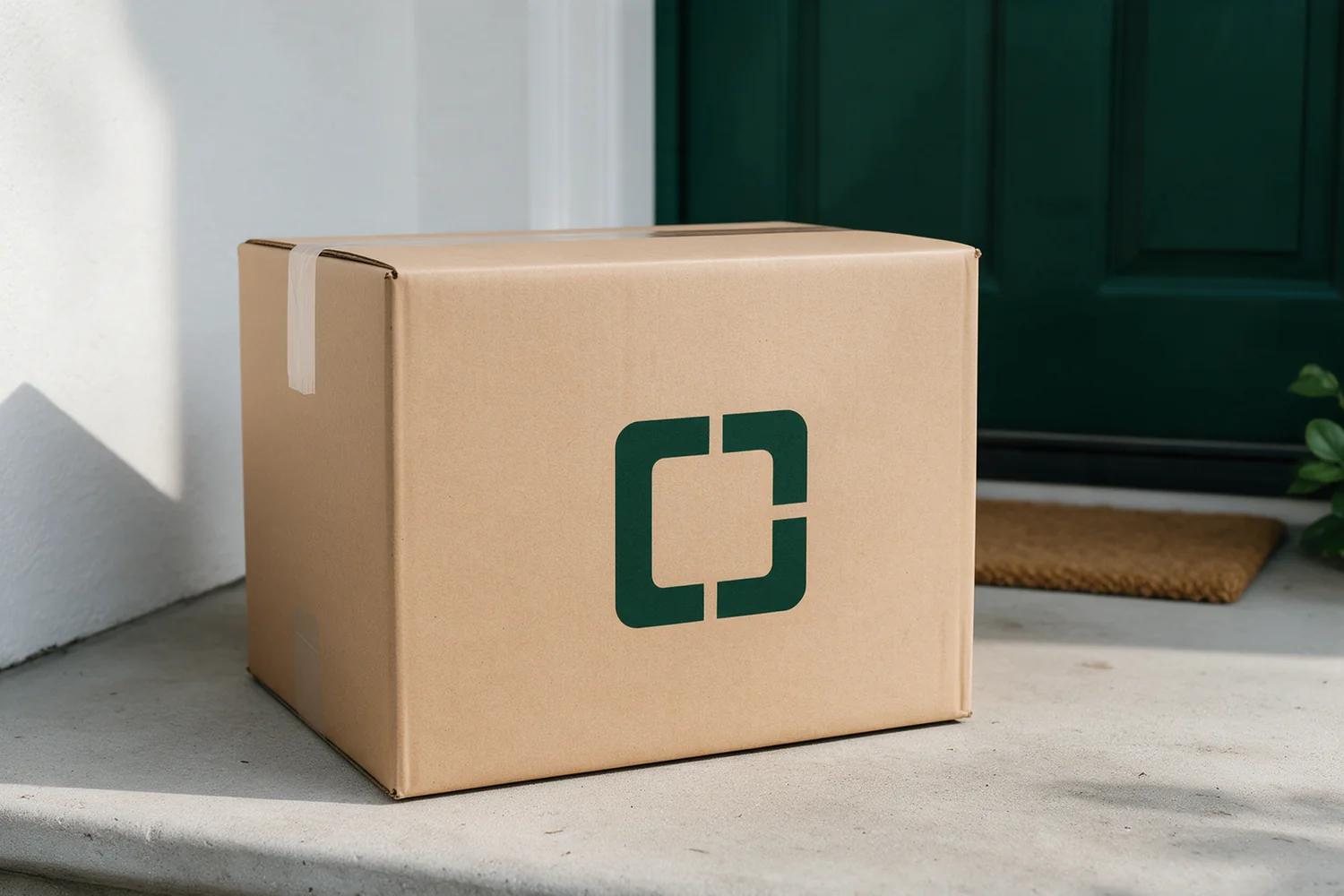 Conceptual delivery scene with an Axion3PL branded parcel at a home entrance