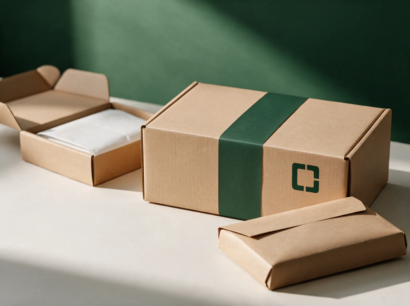 Kraft packaging with the Axion3PL Parcel Frame mark and forest-green band, illustrative brand photography
