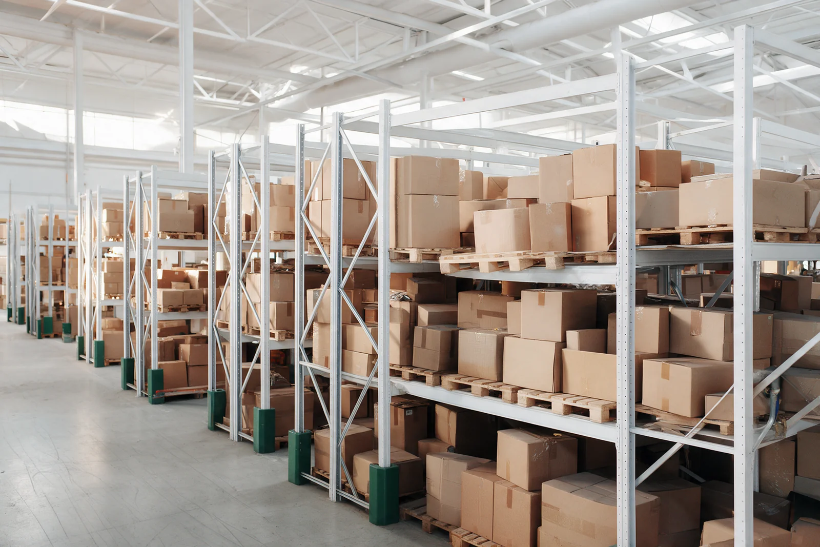 An orderly, sunlit fulfillment warehouse shown for illustration