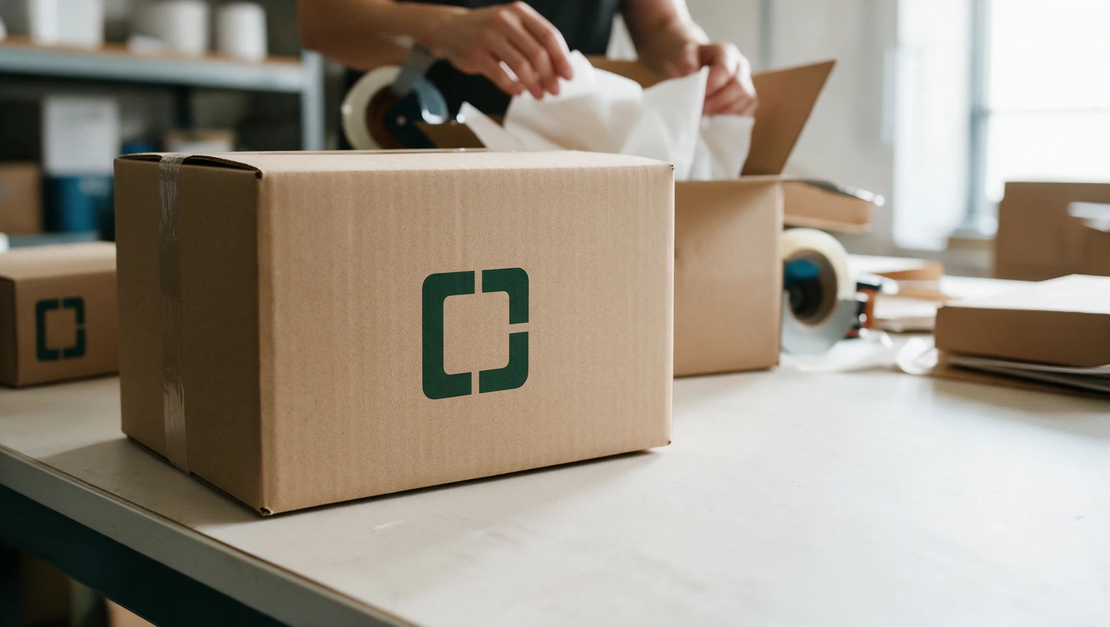 Axion3PL branded parcels being prepared at a sunlit packing table, illustrative brand photography
